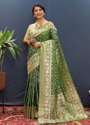 Dark green silk blend banarasi saree with all-over gold zari jaal work 2