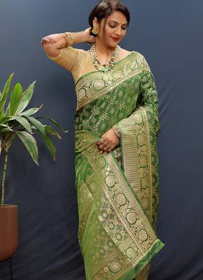 Dark green silk blend banarasi saree with all-over gold zari jaal work 3
