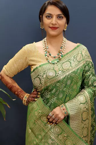 Dark green silk blend banarasi saree with all-over gold zari jaal work