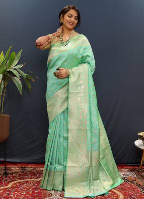 Mint green silk blend banarasi saree with all-over gold zari jaal work 1