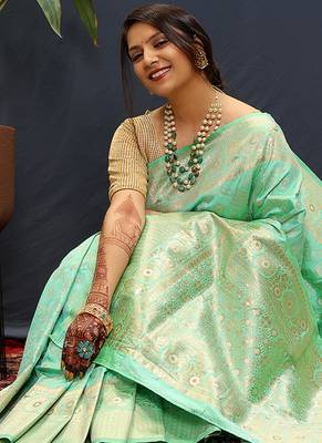 Mint green silk blend banarasi saree with all-over gold zari jaal work 2