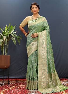 Olive green silk blend banarasi saree with all-over gold zari jaal work 1