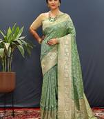 Olive green silk blend banarasi saree with all-over gold zari jaal work