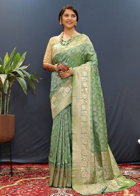 Olive green silk blend banarasi saree with all-over gold zari jaal work 2