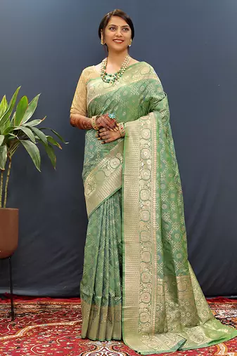 Olive green silk blend banarasi saree with all-over gold zari jaal work