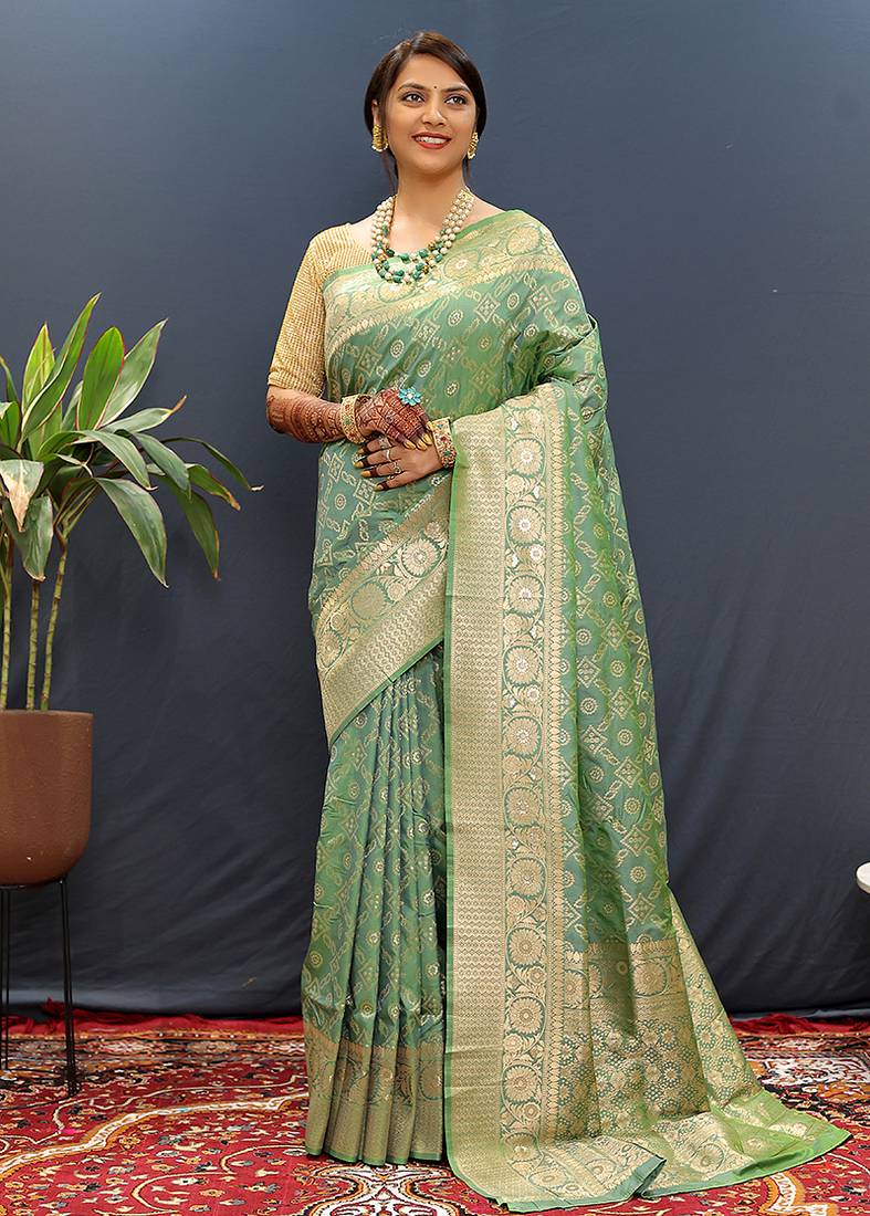 Olive green silk blend banarasi saree with all-over gold zari jaal work