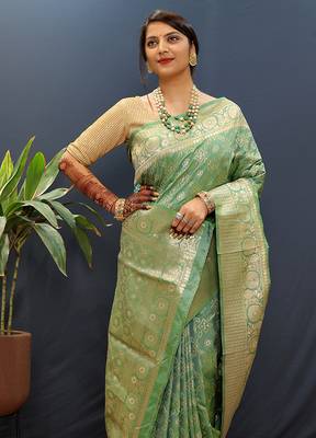 Olive green silk blend banarasi saree with all-over gold zari jaal work 3