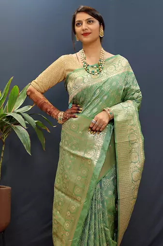 Olive green silk blend banarasi saree with all-over gold zari jaal work
