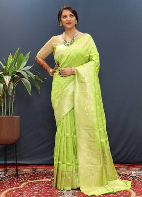 Lime green silk blend banarasi saree with all-over gold zari jaal work 1