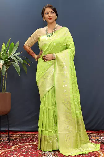 Lime green silk blend banarasi saree with all-over gold zari jaal work