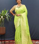 Lime green silk blend banarasi saree with all-over gold zari jaal work