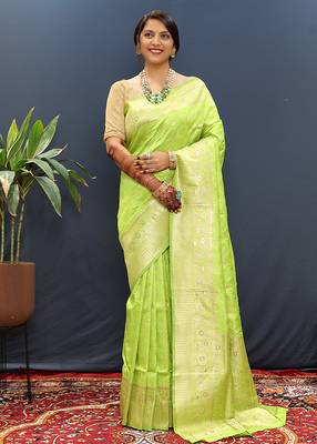 Lime green silk blend banarasi saree with all-over gold zari jaal work 2