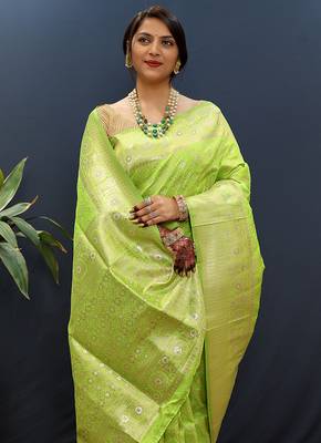 Lime green silk blend banarasi saree with all-over gold zari jaal work 3
