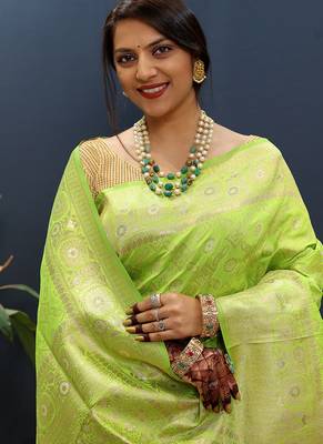 Lime green silk blend banarasi saree with all-over gold zari jaal work 4