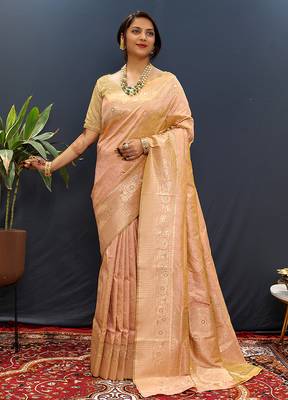 Gajri pink silk blend banarasi saree with all-over gold zari jaal work 1