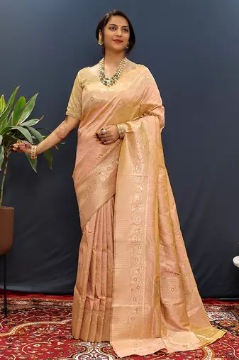 Gajri pink silk blend banarasi saree with all-over gold zari jaal work