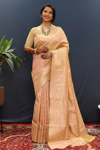 Gajri pink silk blend banarasi saree with all-over gold zari jaal work