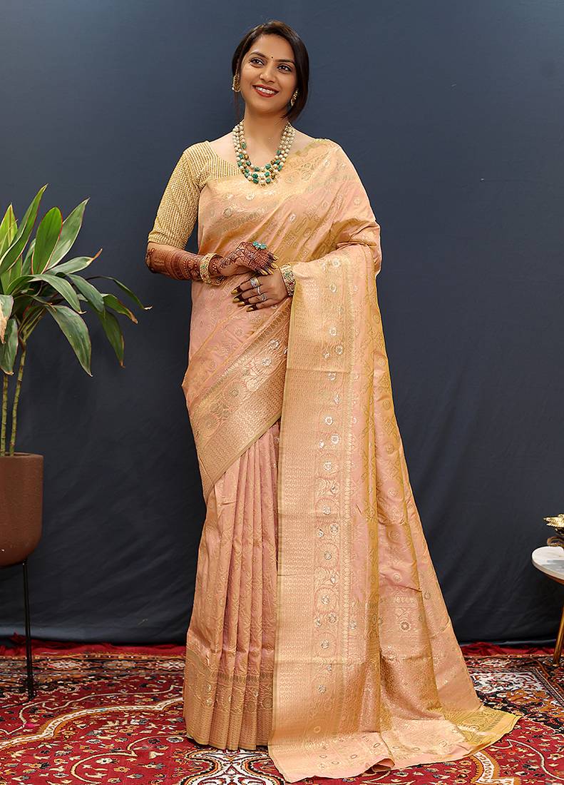 Gajri pink silk blend banarasi saree with all-over gold zari jaal work