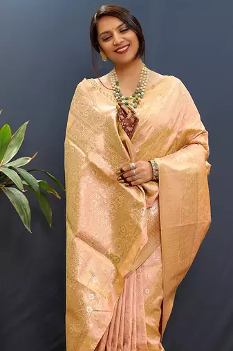 Gajri pink silk blend banarasi saree with all-over gold zari jaal work