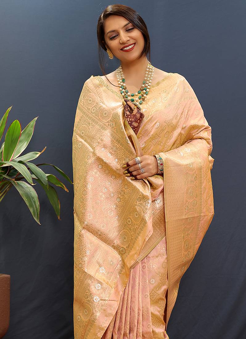 Gajri pink silk blend banarasi saree with all-over gold zari jaal work