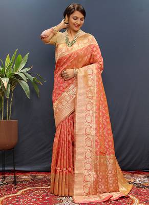 Red silk blend banarasi saree with all-over gold zari jaal work 1