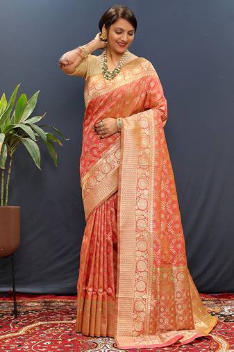 Red silk blend banarasi saree with all-over gold zari jaal work
