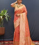 Red silk blend banarasi saree with all-over gold zari jaal work