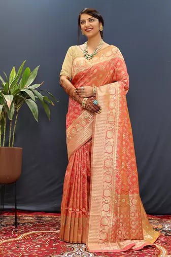 Red silk blend banarasi saree with all-over gold zari jaal work