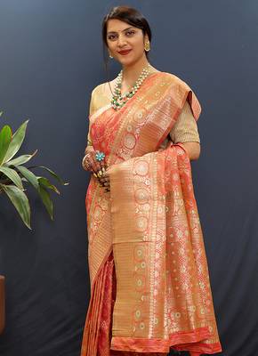 Red silk blend banarasi saree with all-over gold zari jaal work 3