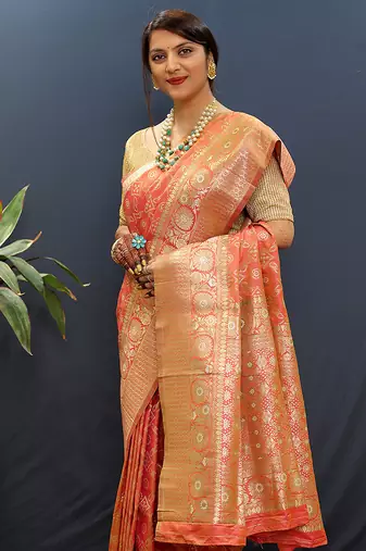 Red silk blend banarasi saree with all-over gold zari jaal work