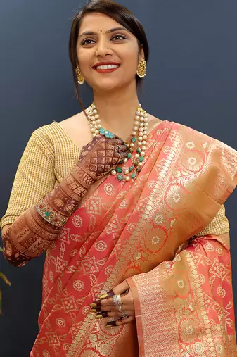 Red silk blend banarasi saree with all-over gold zari jaal work