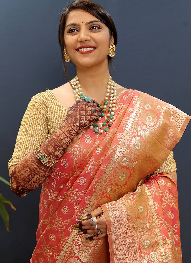 Red silk blend banarasi saree with all-over gold zari jaal work