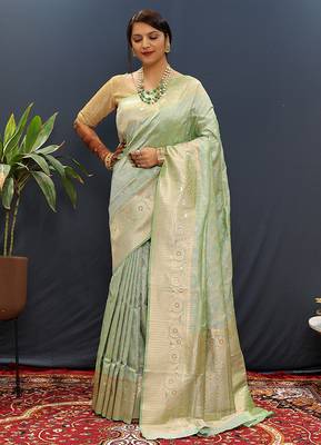 Mint green silk blend banarasi saree with all-over gold zari jaal work 1