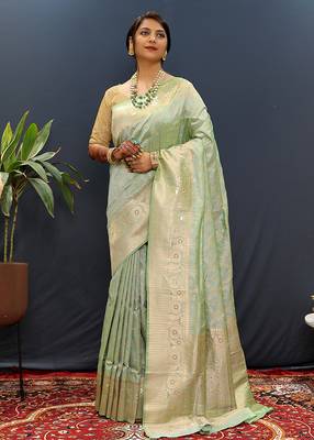 Mint green silk blend banarasi saree with all-over gold zari jaal work 2