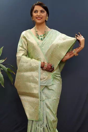 Mint green silk blend banarasi saree with all-over gold zari jaal work