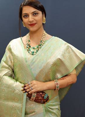 Mint green silk blend banarasi saree with all-over gold zari jaal work 4