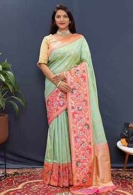 Mint green banarasi silk blend saree with multicolor paithani floral border & pallu 1