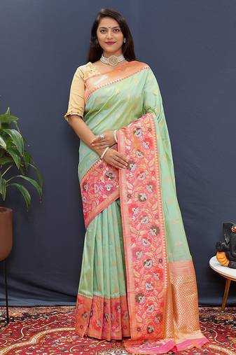 Mint green banarasi silk blend saree with multicolor paithani floral border & pallu
