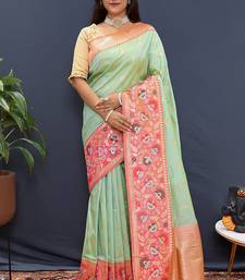 Mint green banarasi silk blend saree with multicolor paithani floral border & pallu