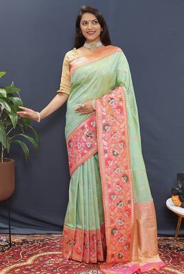 Mint green banarasi silk blend saree with multicolor paithani floral border & pallu 2