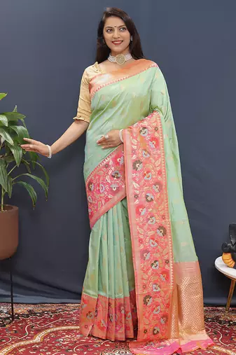 Mint green banarasi silk blend saree with multicolor paithani floral border & pallu