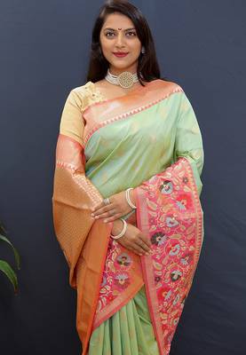 Mint green banarasi silk blend saree with multicolor paithani floral border & pallu 3