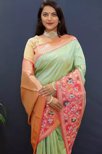 Mint green banarasi silk blend saree with multicolor paithani floral border & pallu