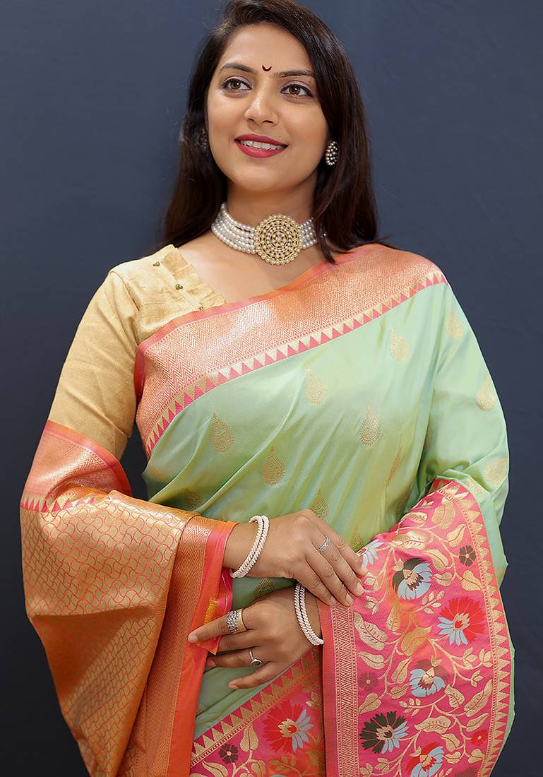 Mint green banarasi silk blend saree with multicolor paithani floral border & pallu