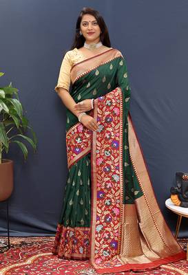 Bottle green banarasi silk blend saree with multicolor paithani floral border & pallu 1