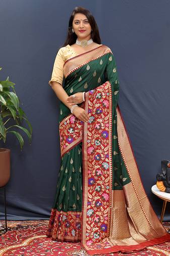Bottle green banarasi silk blend saree with multicolor paithani floral border & pallu