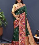 Bottle green banarasi silk blend saree with multicolor paithani floral border & pallu