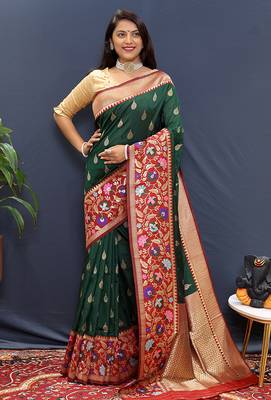 Bottle green banarasi silk blend saree with multicolor paithani floral border & pallu 2