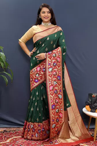 Bottle green banarasi silk blend saree with multicolor paithani floral border & pallu