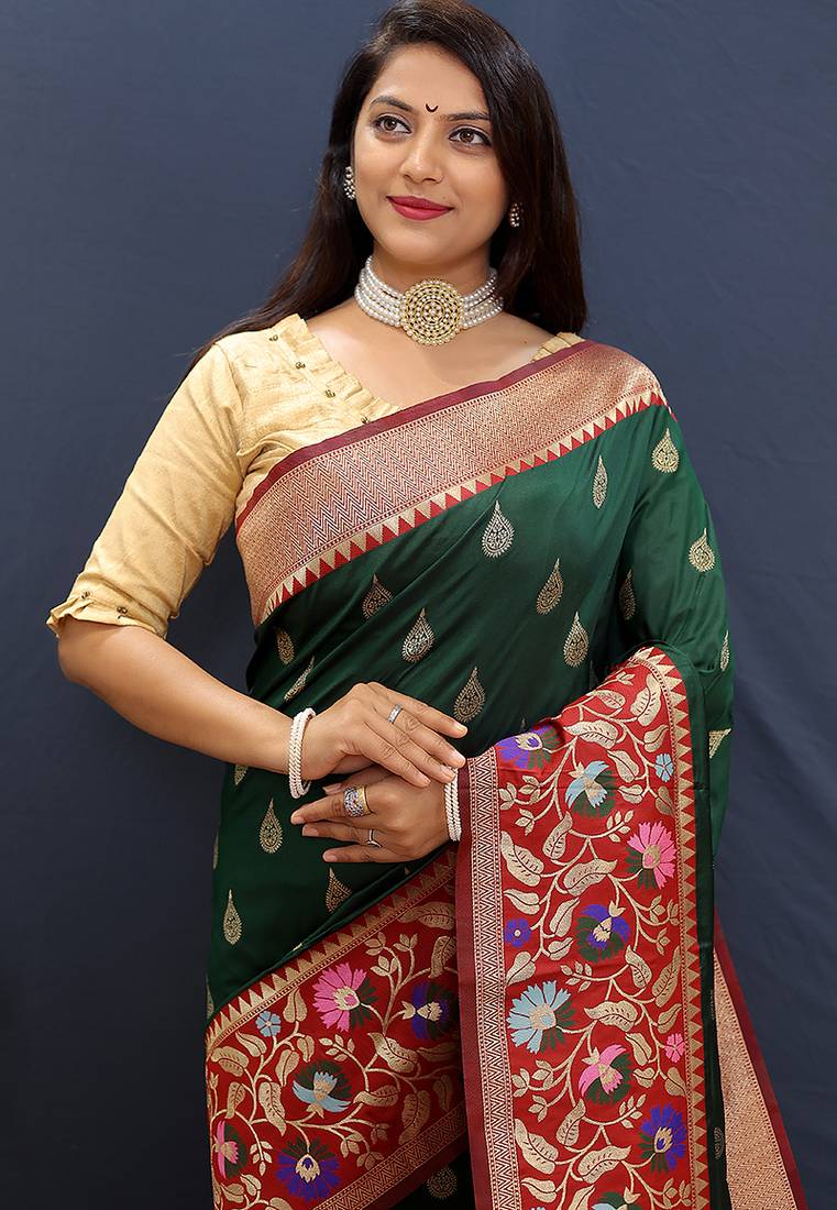 Bottle green banarasi silk blend saree with multicolor paithani floral border & pallu